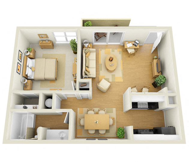 Floor plan for 1 bed, 1 bath, 670 sqft